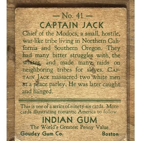 ORIGINAL CAPTAIN JACK 1933 GOUDY INDIAN CHEWING GUM CARD #41 NATIVE AMERICAN - Picture 2 of 2